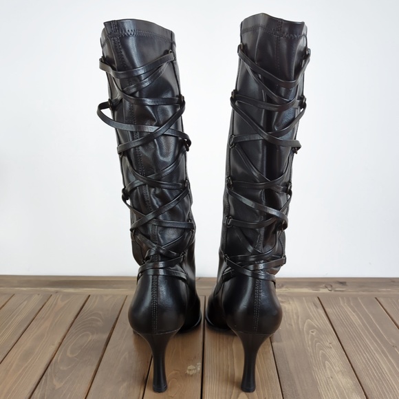 Franco Sarto Women’s Tall Black Shiny Faux Leather Back Lacing Pointed Boots - Picture 3 of 12